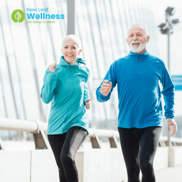 older-couple-running Older couple running. New Leaf Wellness Resort Thailand.